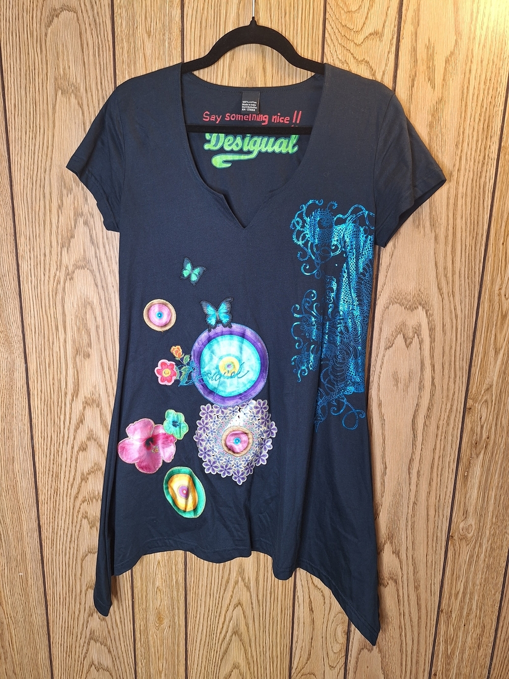 Desigual Black V-Neck Floral & Graphic Tunic Y2K
